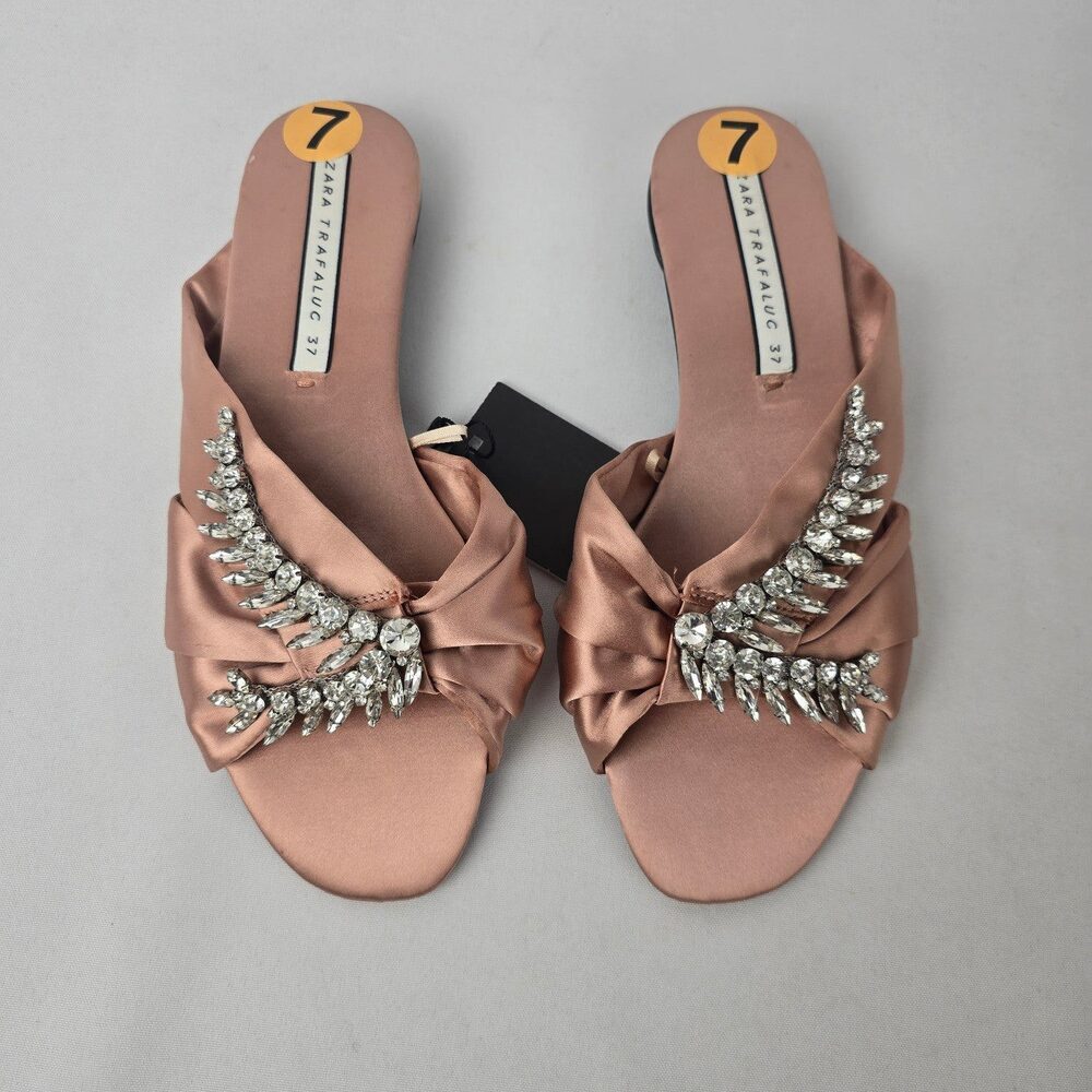 Zara Trafaluc Satin Rhinestone Slides Size 7 Blush Pink Embellished Sandals